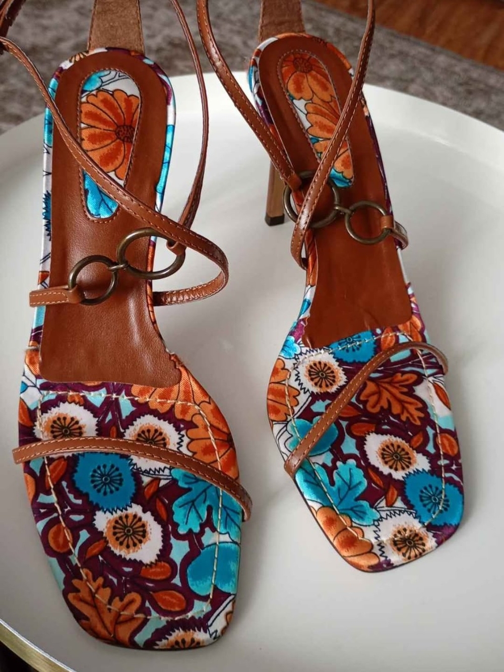 Floral Print Brown Strappy Women’s Heels